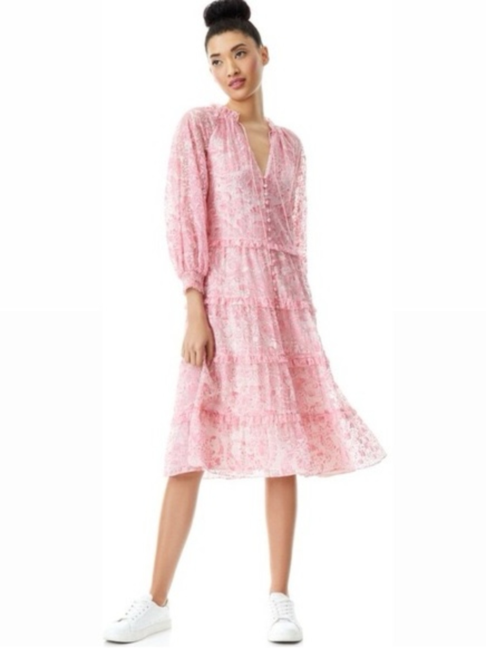 Alice + Olivia Layla Pink Floral Romantic Lace Tiered Puff Sleeve Midi Dress XS